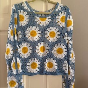 Rebellion Blue Crochet Daisy Sweater with White & Yellow Accents